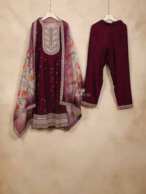 Burgandy Straight Cut Salwar Suit Adorned with Sequins and Floral Design Paired with Dupatta