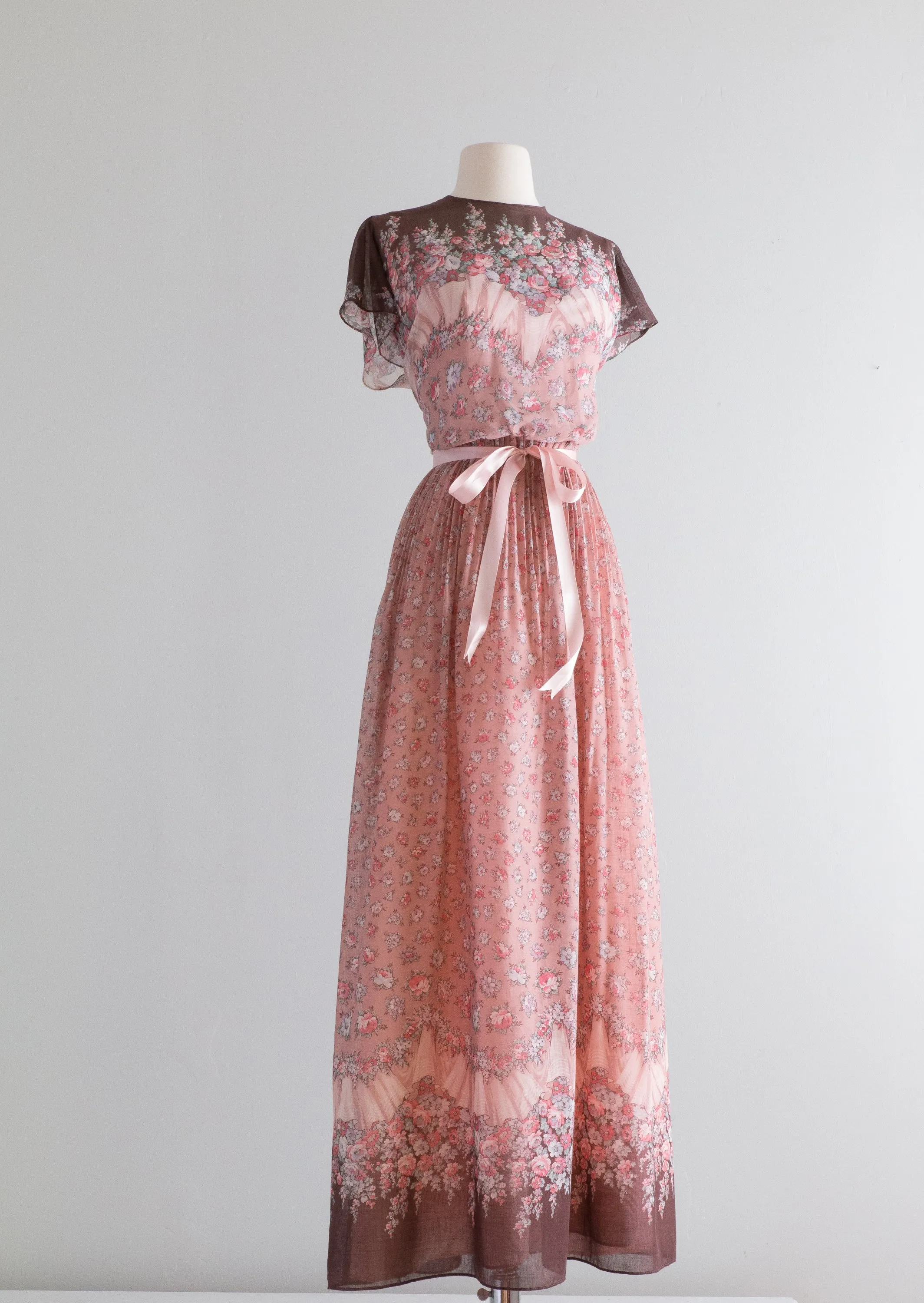 1970's Romantic Cotton Voile Floral Print Gown / XS