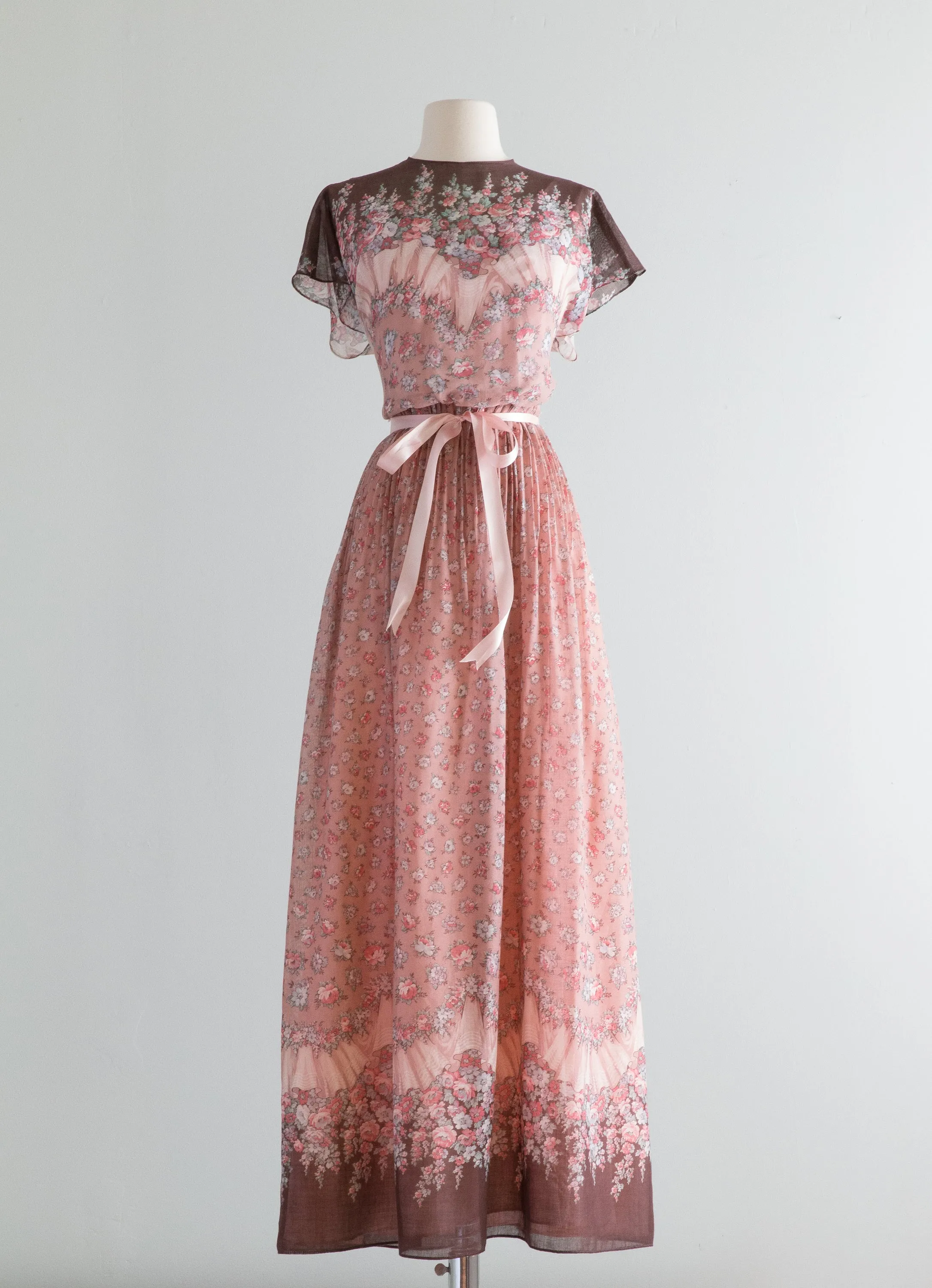 1970's Romantic Cotton Voile Floral Print Gown / XS