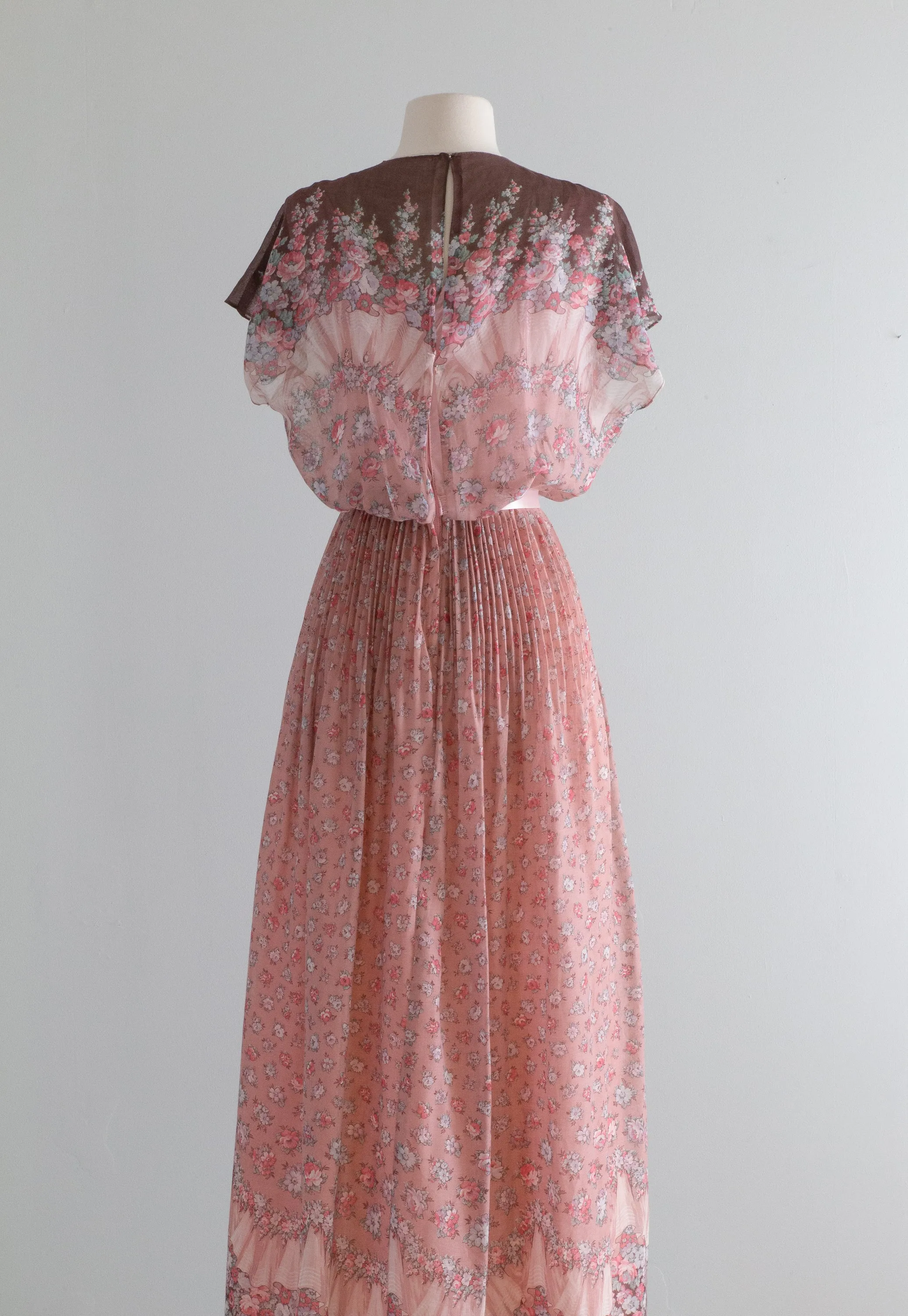 1970's Romantic Cotton Voile Floral Print Gown / XS