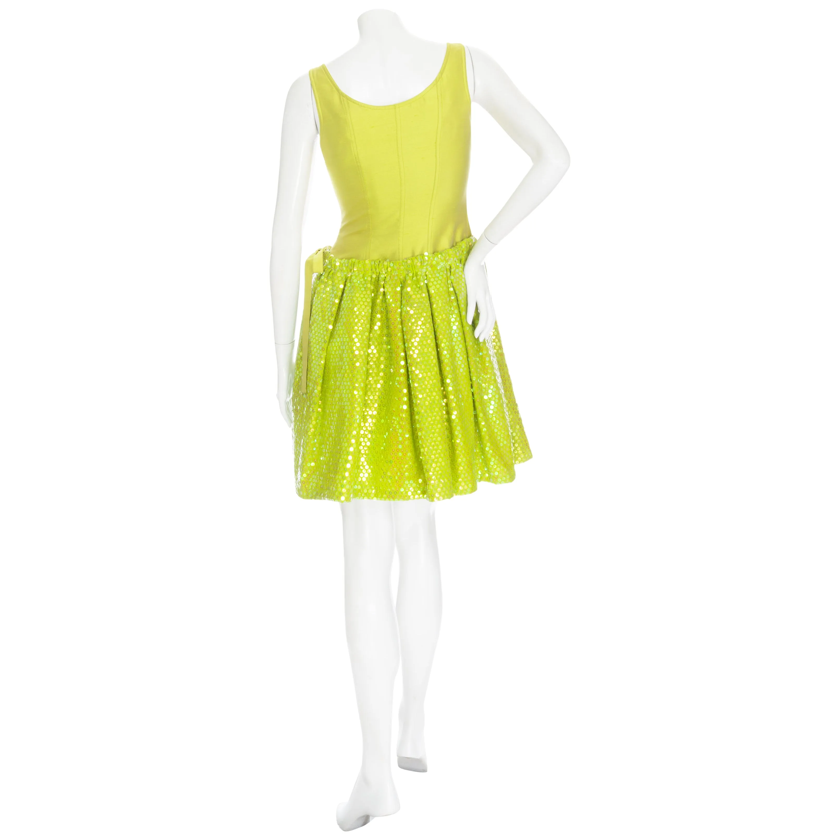 1990s Lime Silk and Sequin Skater Dress NWT