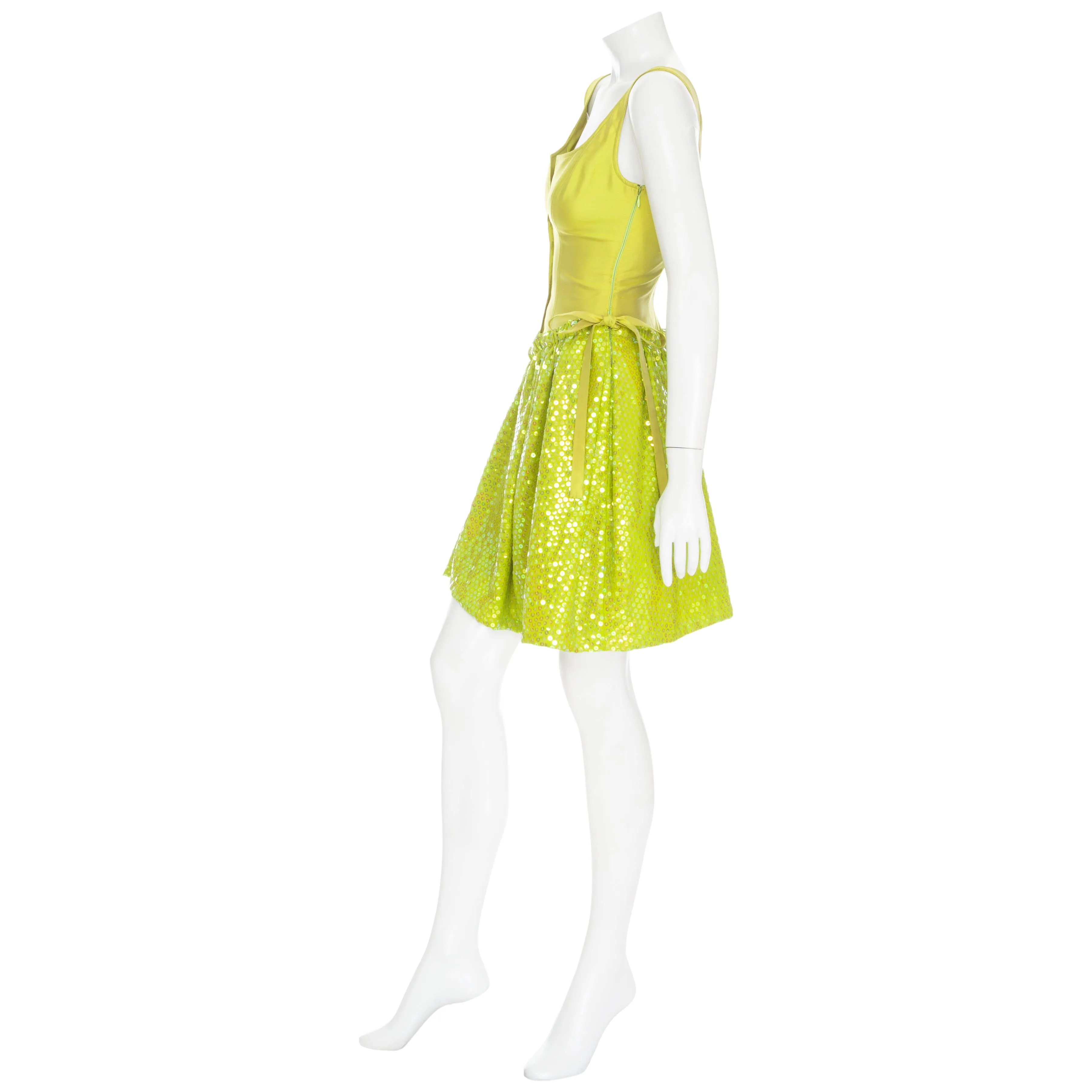 1990s Lime Silk and Sequin Skater Dress NWT