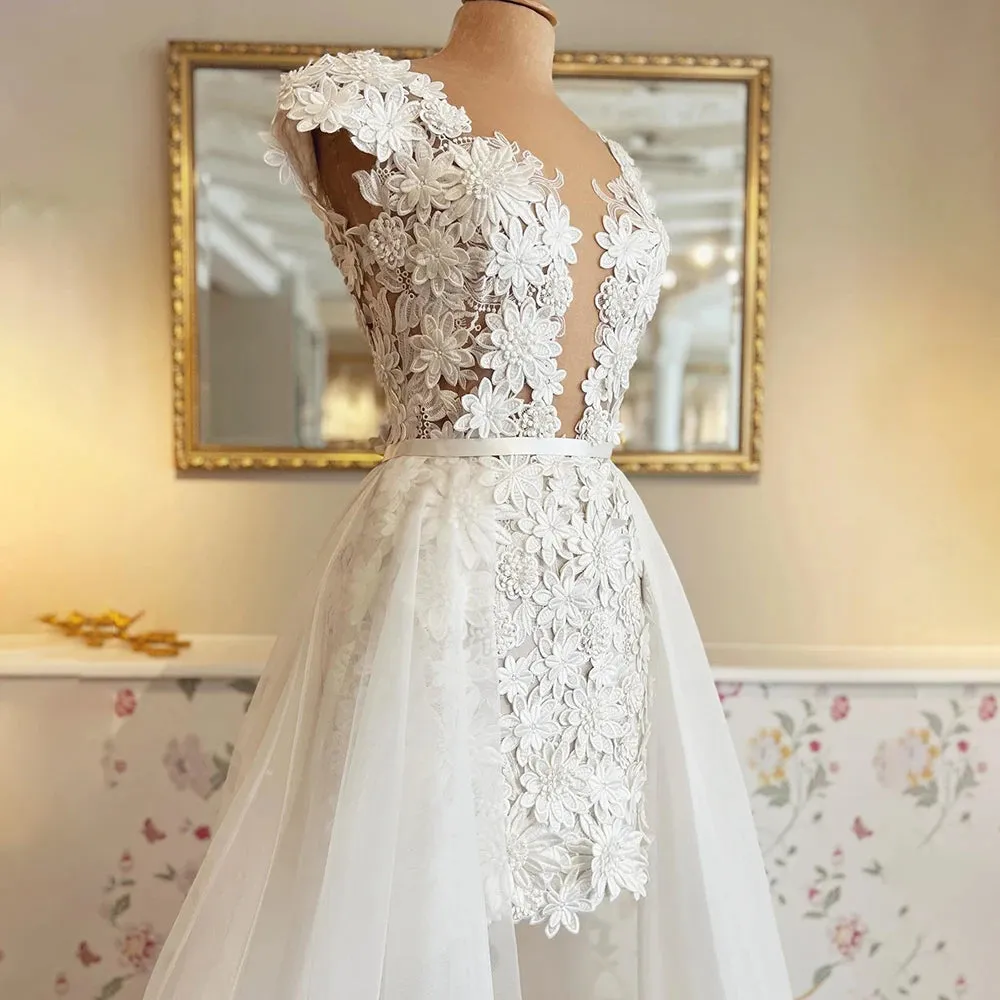 3D Flowers Lace Detachable Train Mini Short Wedding Dress V Neck Backless Cap Sleeves High Low Bridal Gown Above Knee