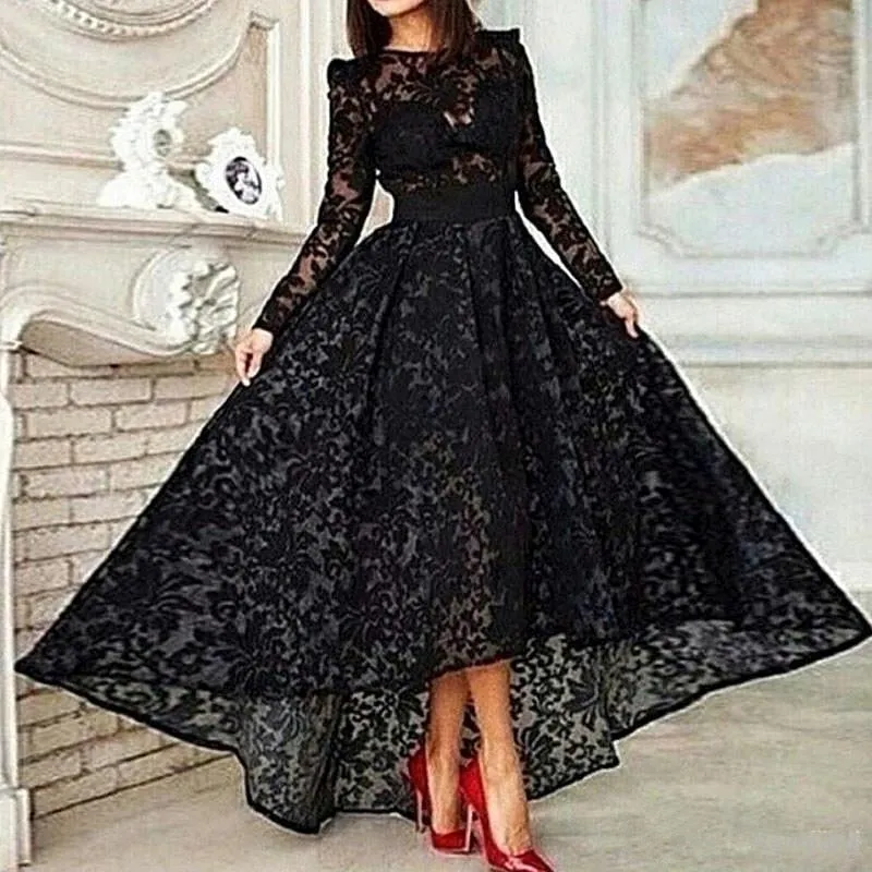 Amy Fashion - Black Long Sleeves Tea Length Lace Elegant Evening Gown