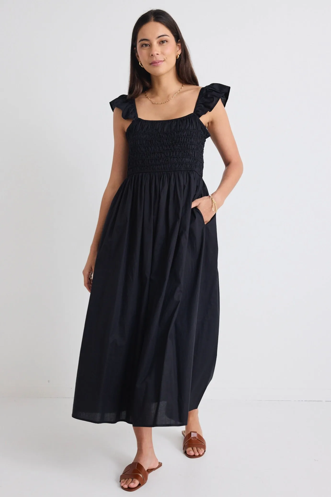 Bonbon Black Flutter Sleeve Midi Dress