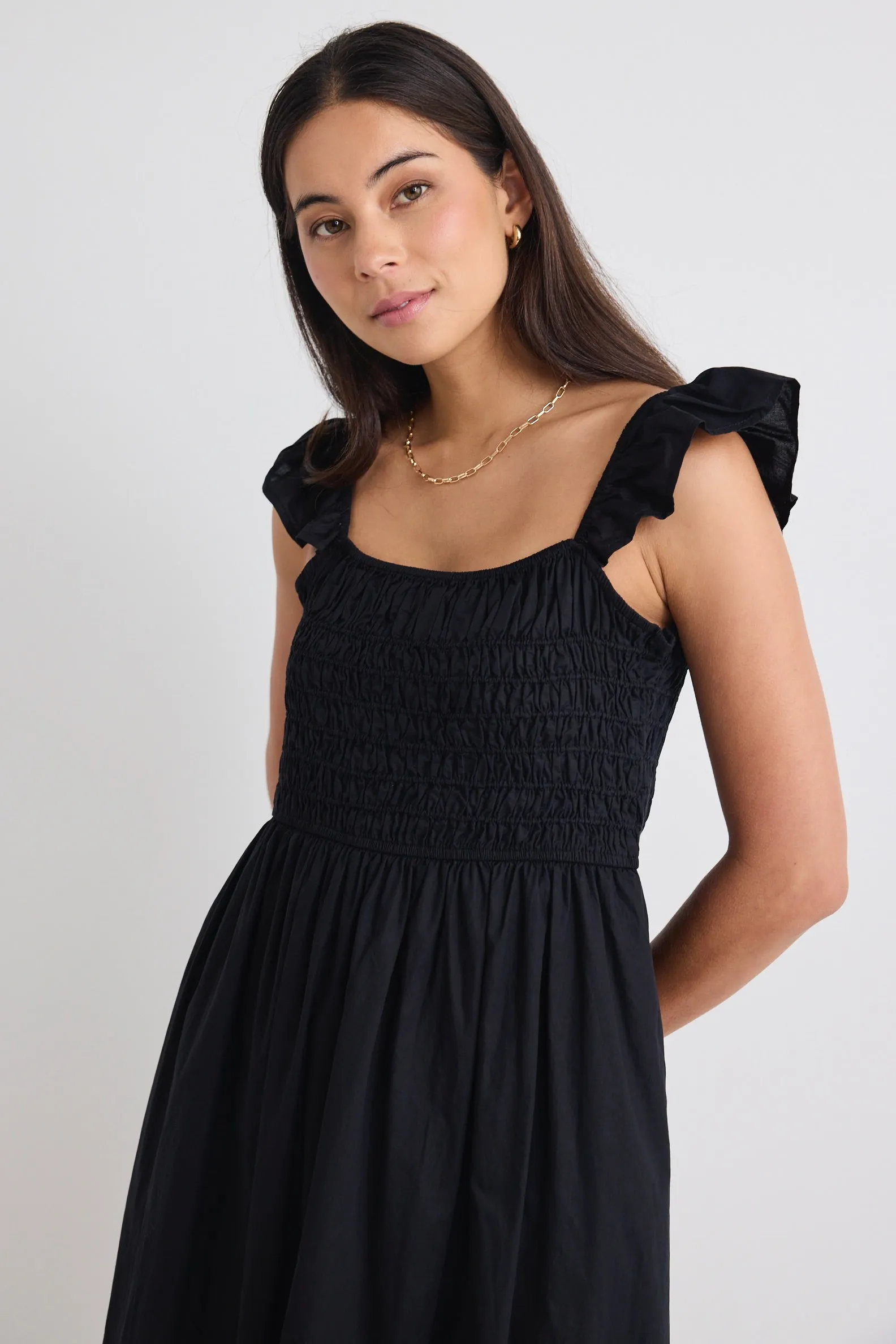 Bonbon Black Flutter Sleeve Midi Dress