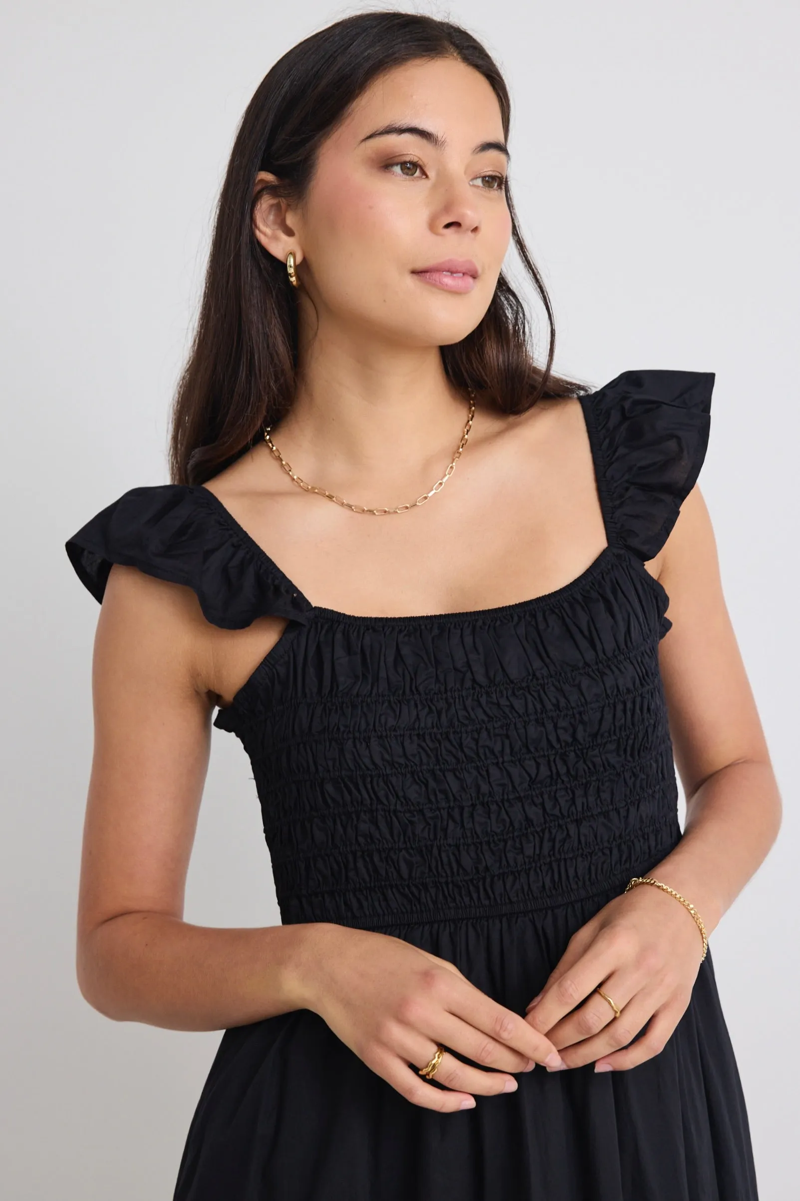 Bonbon Black Flutter Sleeve Midi Dress