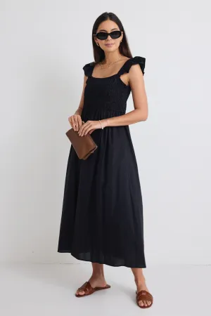 Bonbon Black Flutter Sleeve Midi Dress