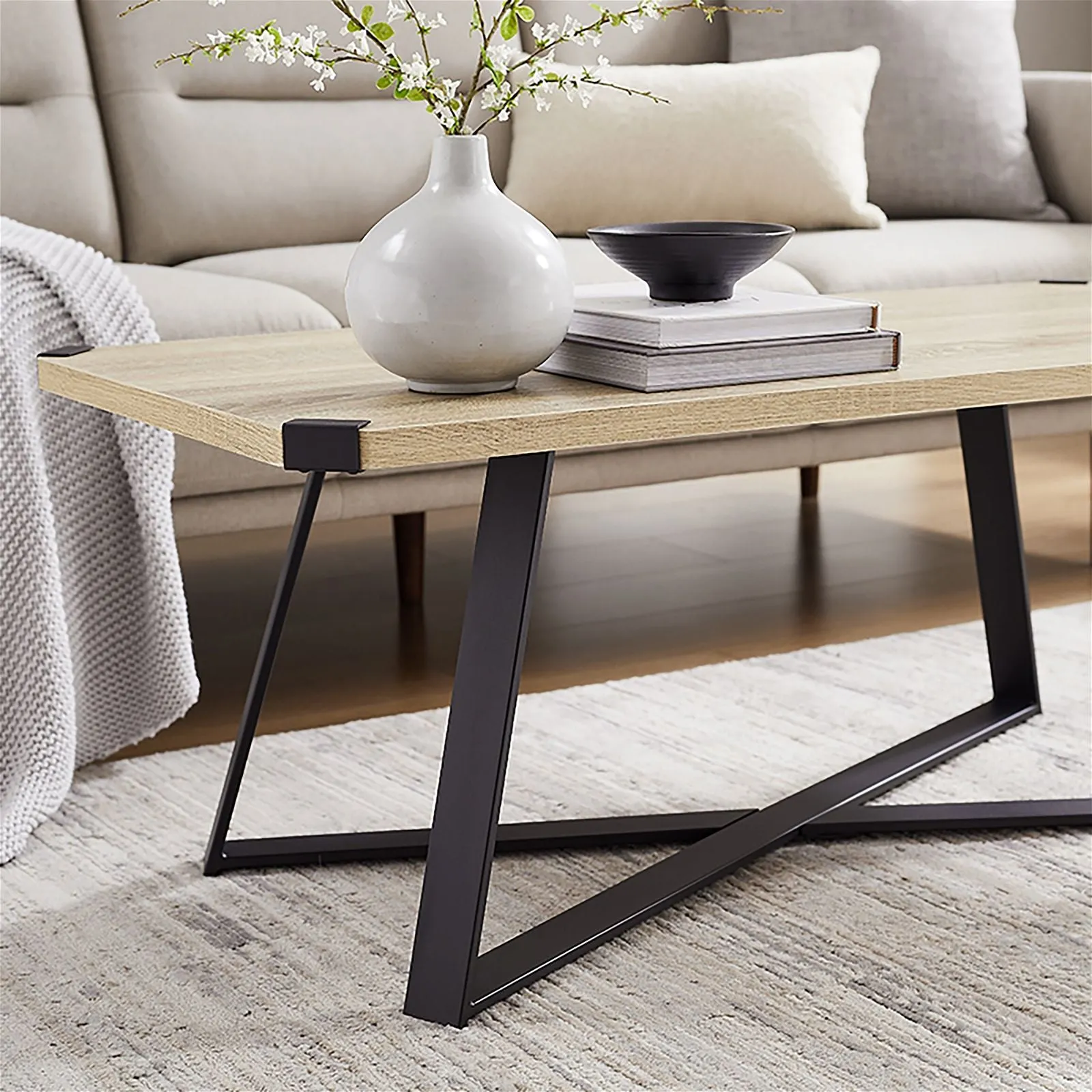 Capri Coffee Table 1100mm Black Metal Leg and Metal Highlights Oak by Criterion™