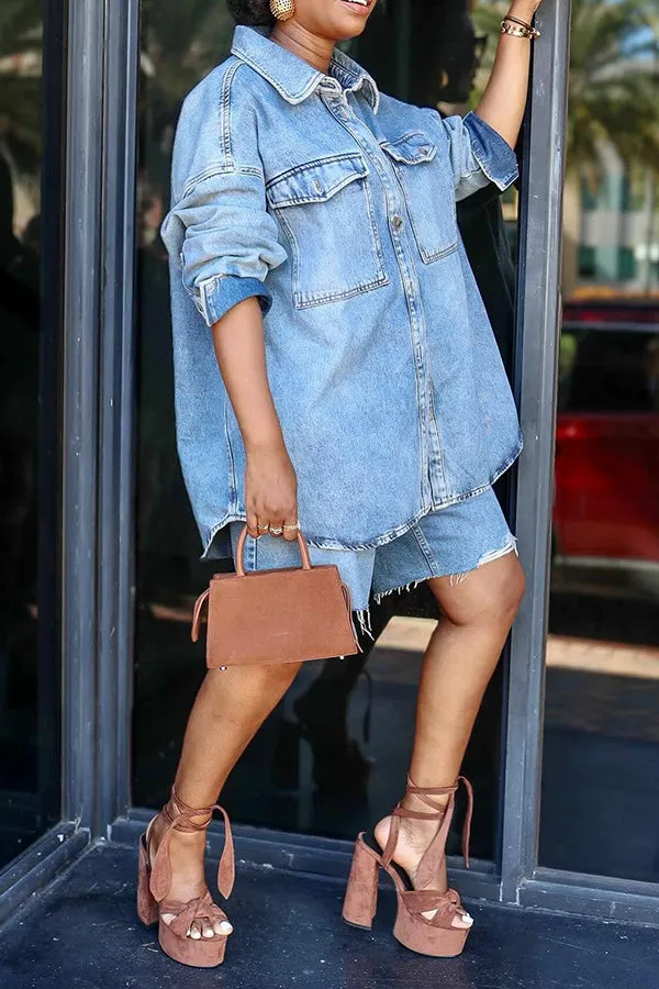 Casual Denim Flap Pocket Jacket & Shorts Set