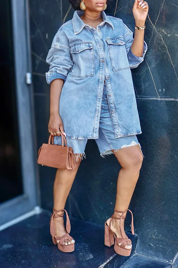 Casual Denim Flap Pocket Jacket & Shorts Set