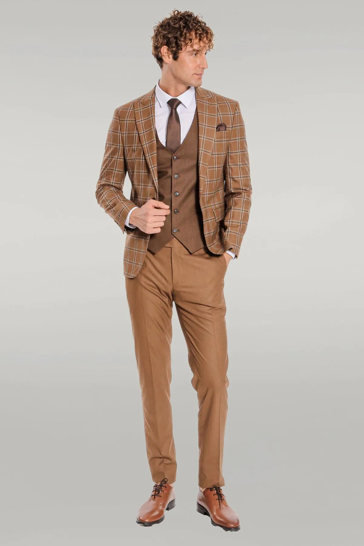 Checked Patterned Slim Fit Brown Men Suit - Wessi