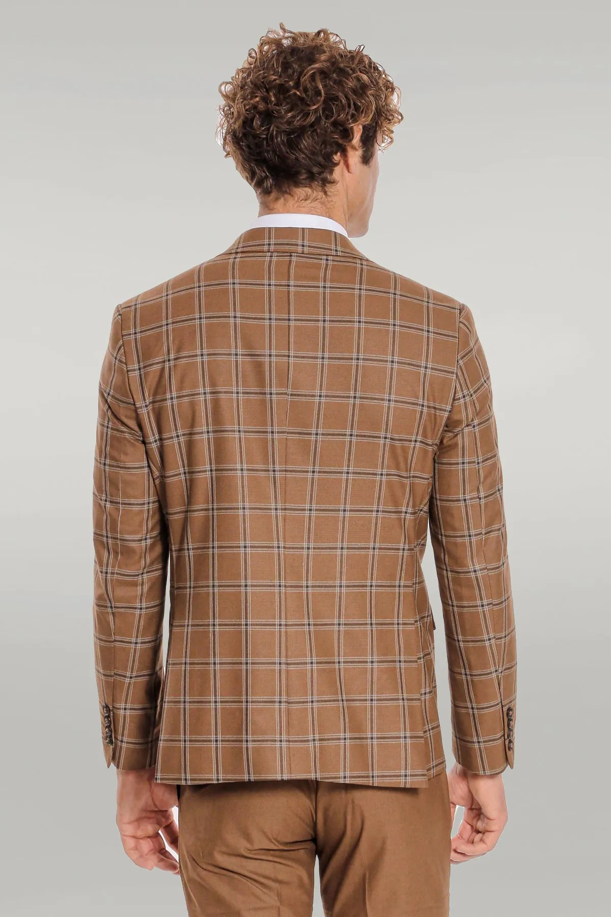 Checked Patterned Slim Fit Brown Men Suit - Wessi