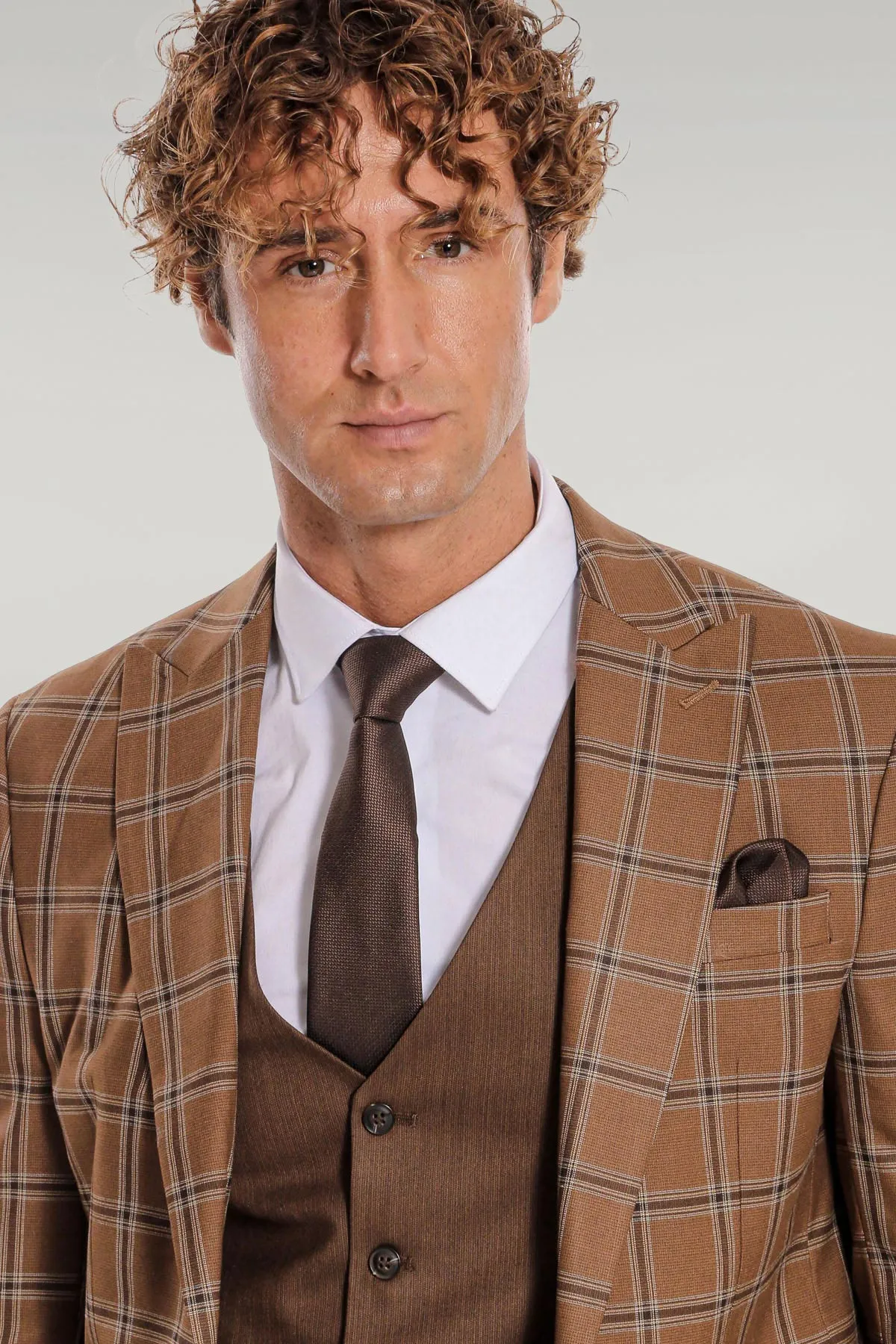 Checked Patterned Slim Fit Brown Men Suit - Wessi