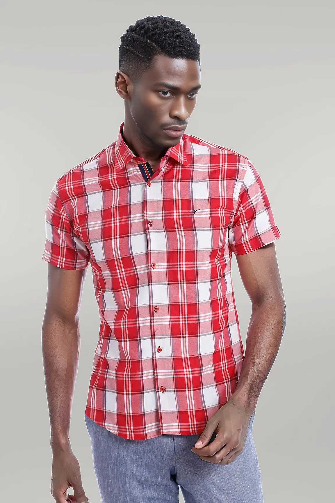 Checked Short Sleeve Burgundy Men Shirt - Wessi