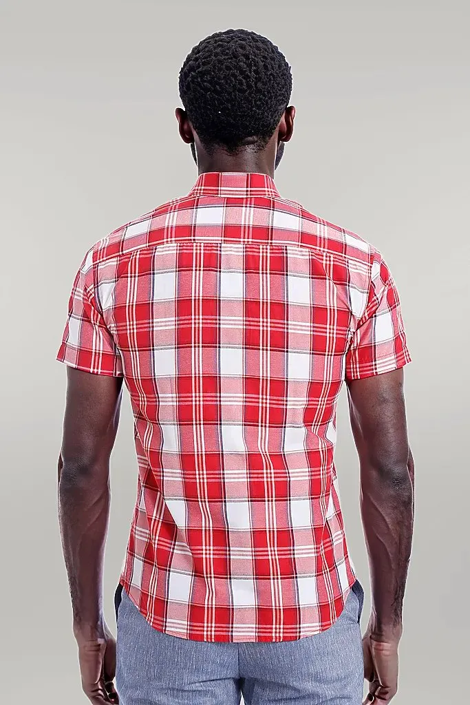 Checked Short Sleeve Burgundy Men Shirt - Wessi