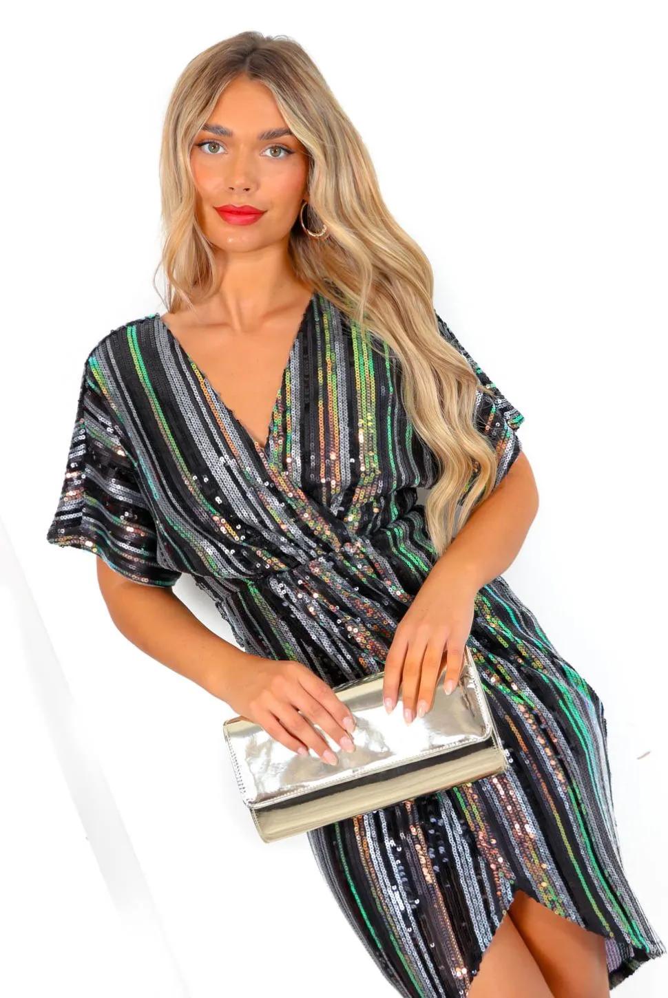 Cocktail OClock - Black Striped Sequin Midi Dress