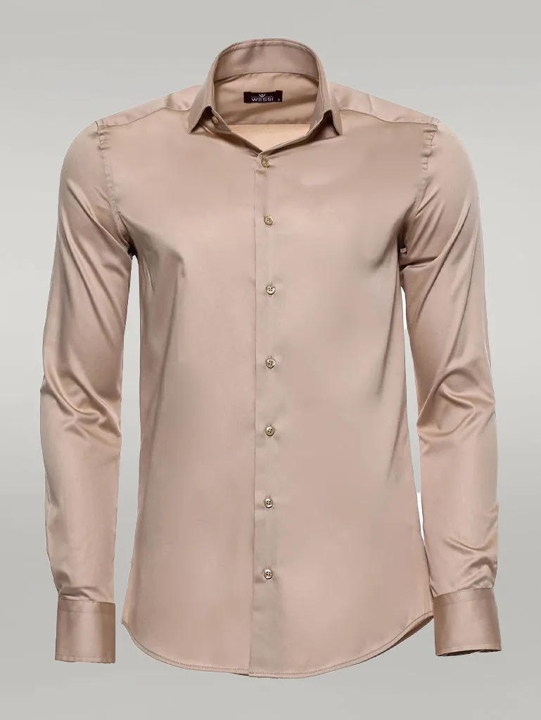 Cotton Satin Plain Long Sleeves Slim Fit Beige Men Shirt - Wessi