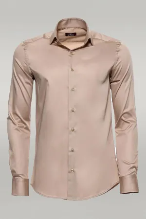 Cotton Satin Plain Long Sleeves Slim Fit Beige Men Shirt - Wessi