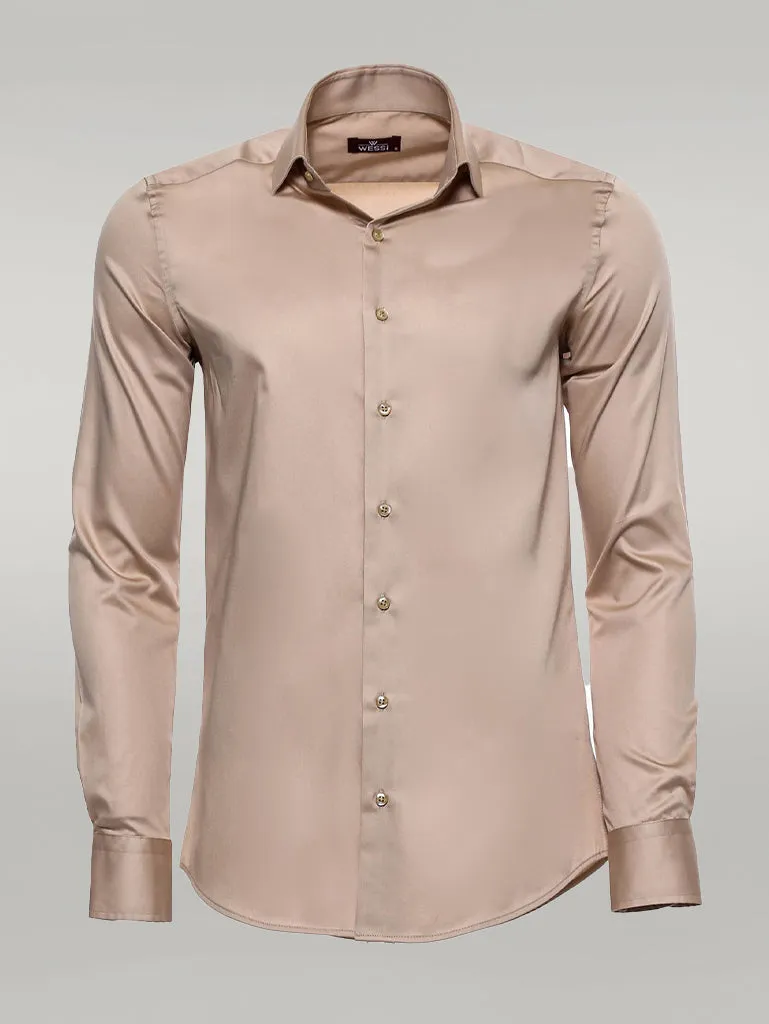 Cotton Satin Plain Long Sleeves Slim Fit Beige Men Shirt - Wessi