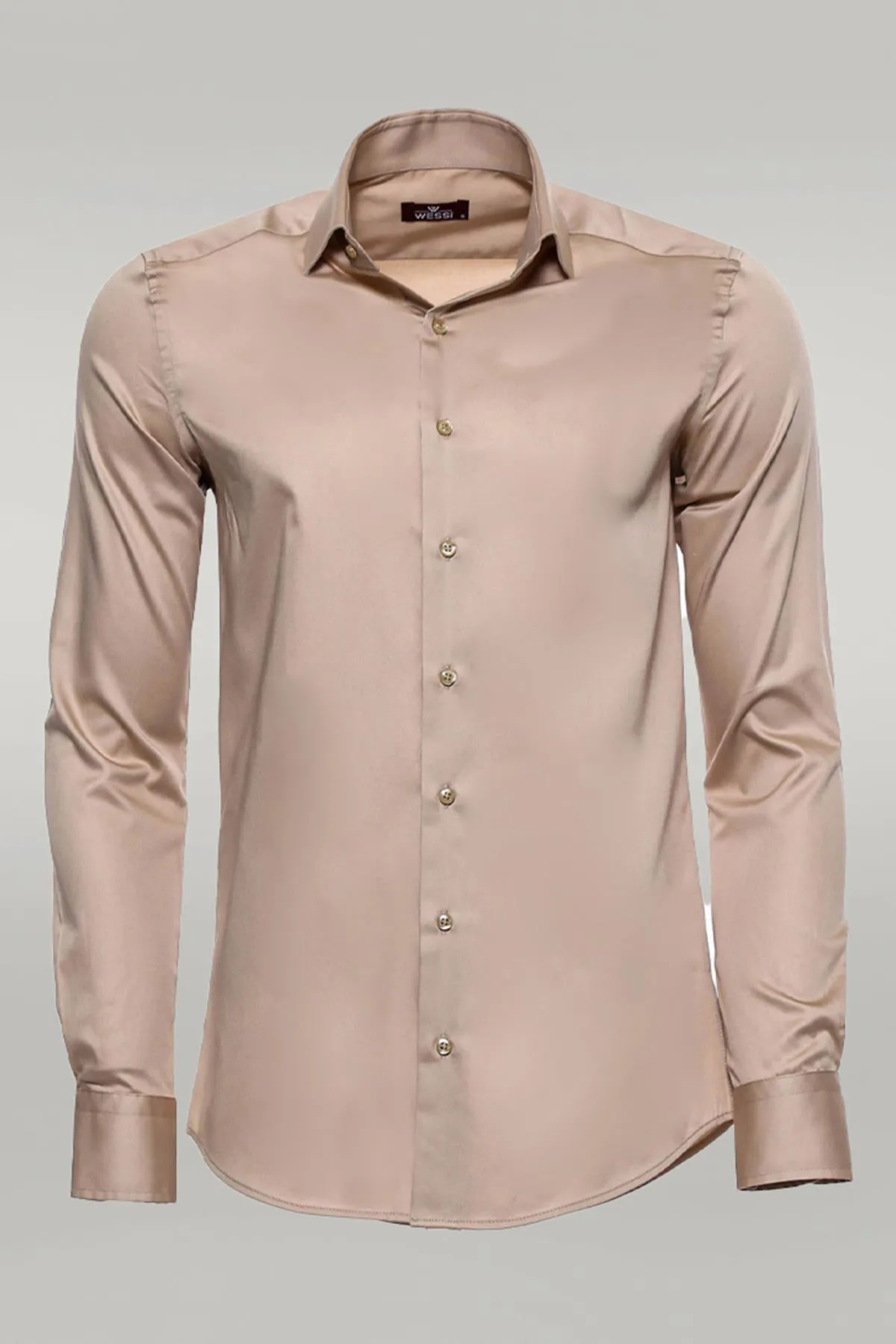 Cotton Satin Plain Long Sleeves Slim Fit Beige Men Shirt - Wessi