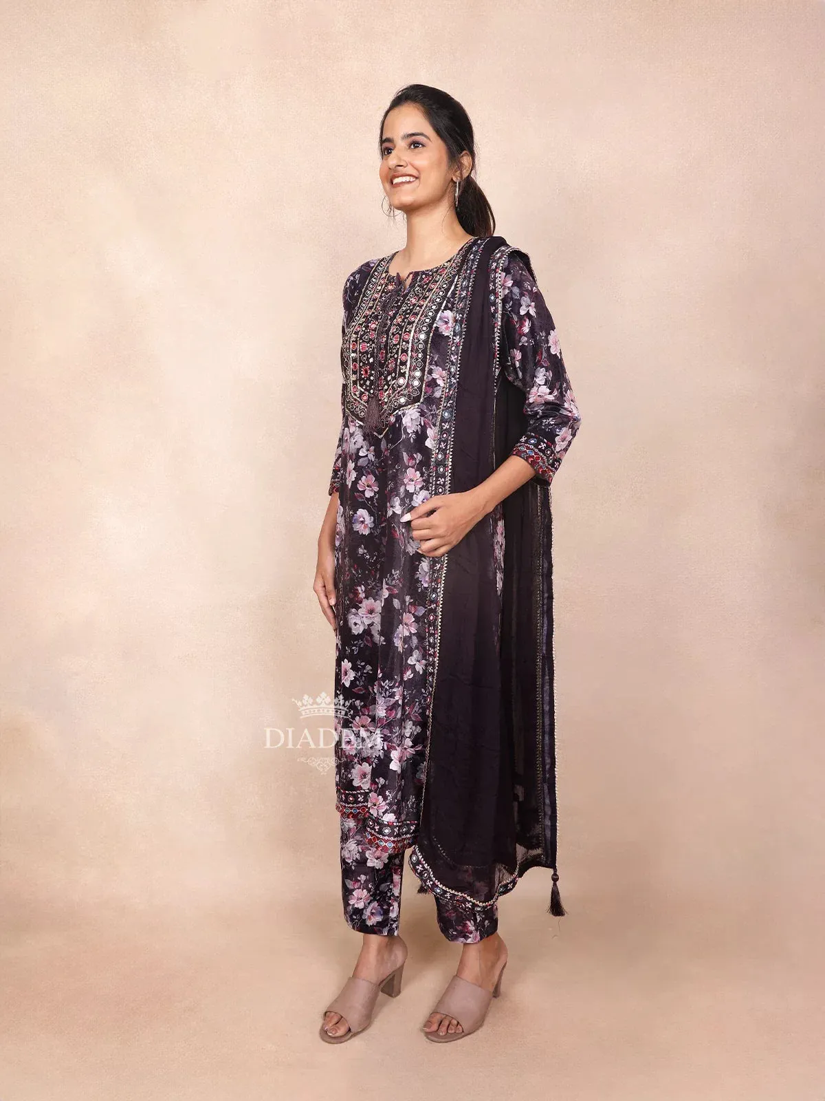 Dark Purple Cotton Straight Cot Salwar Suit Adorned with Embroidery with Floral Design Paired with Dupatta