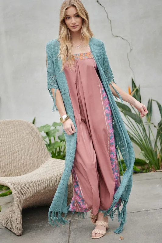 Davi & Dani Solid Long Cardigan With Fringe