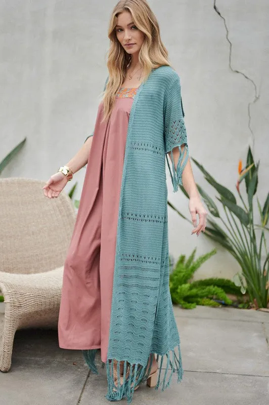 Davi & Dani Solid Long Cardigan With Fringe