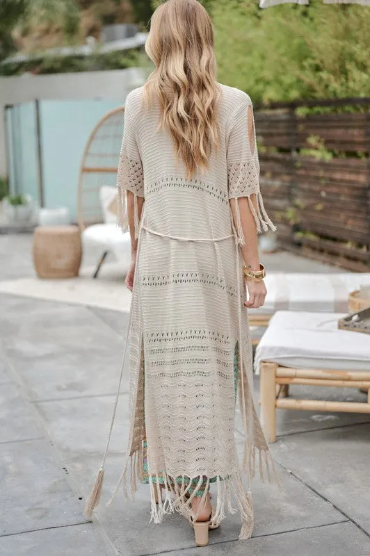 Davi & Dani Solid Long Cardigan With Fringe