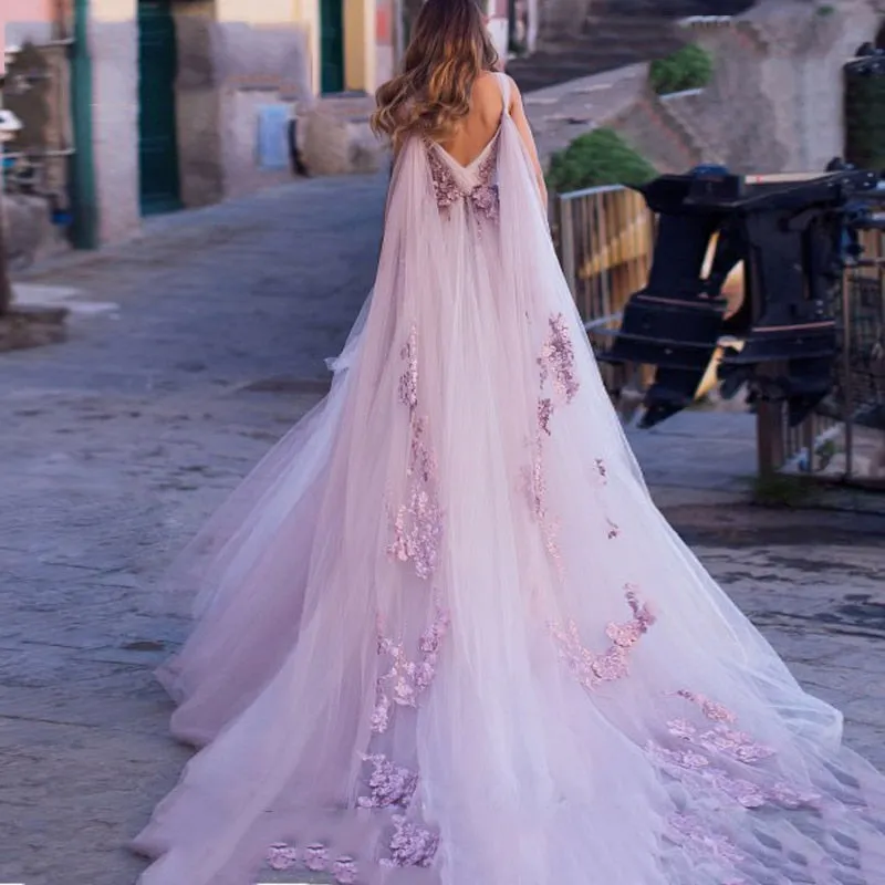 deanwangkt Boho Wedding Dress 3D Flowers Light Purple Beach Bride Dresses Backless Puff Tulle Wedding Gowns Long Train Floor Length