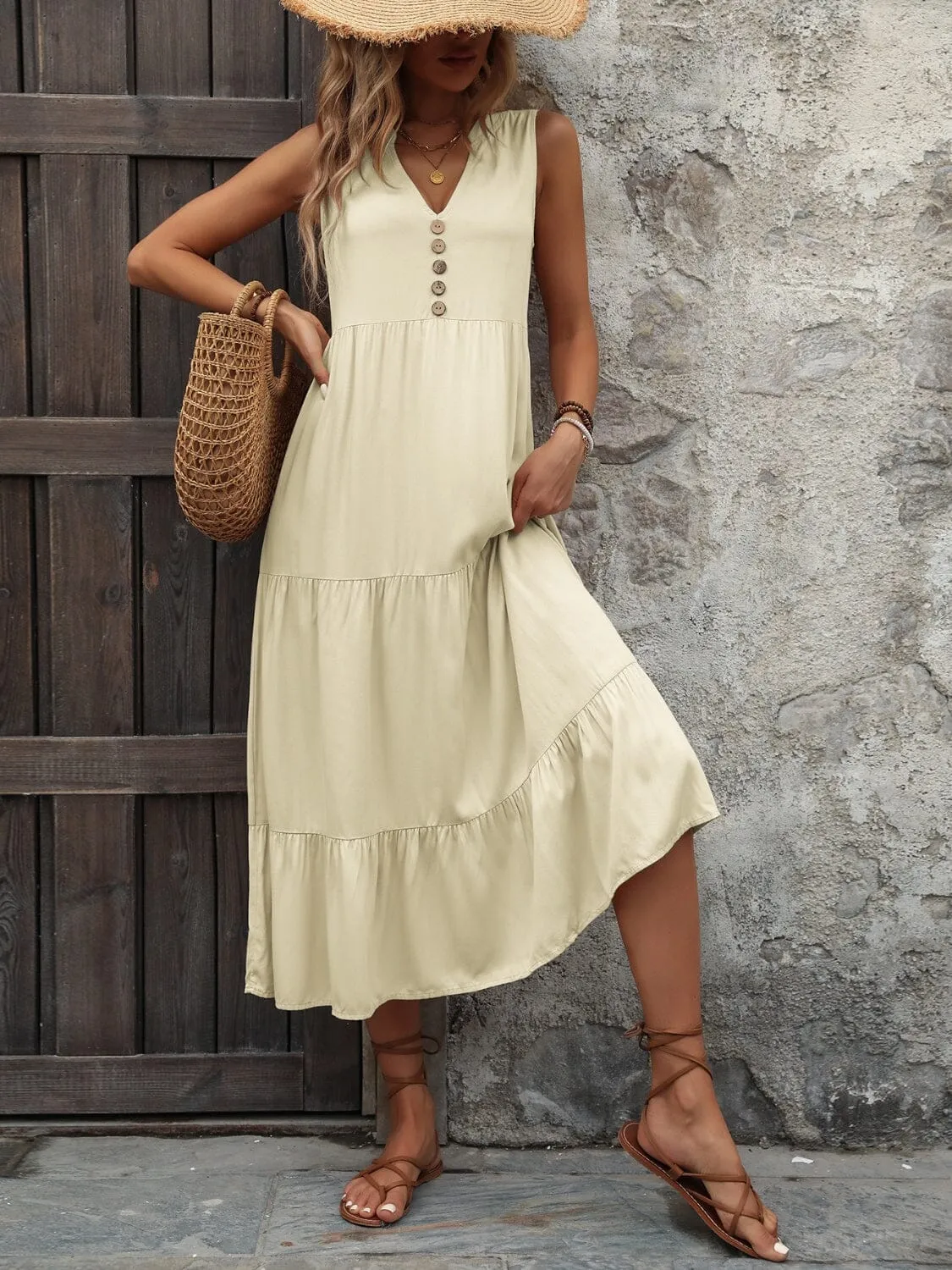 Decorative Button Notched Sleeveless Dress