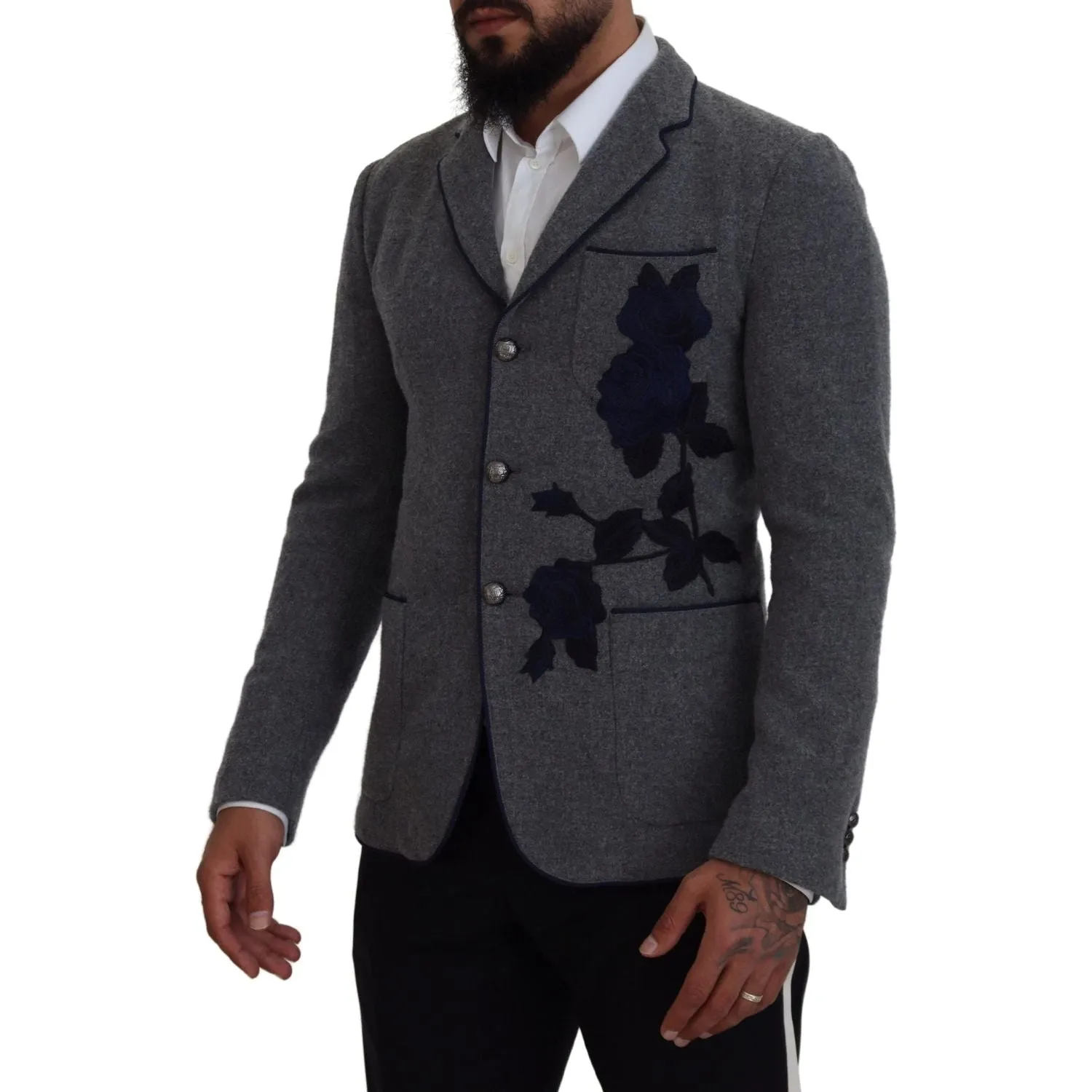 Dolce & Gabbana Elegant Gray Wool Blazer with Blue Rose Embroidery