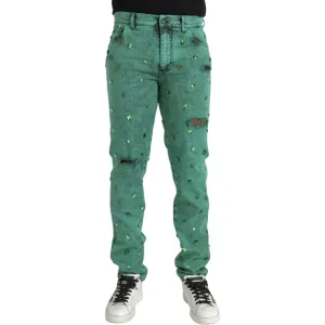 Dolce & Gabbana Green Crystals Cotton Stretch Slim Jeans