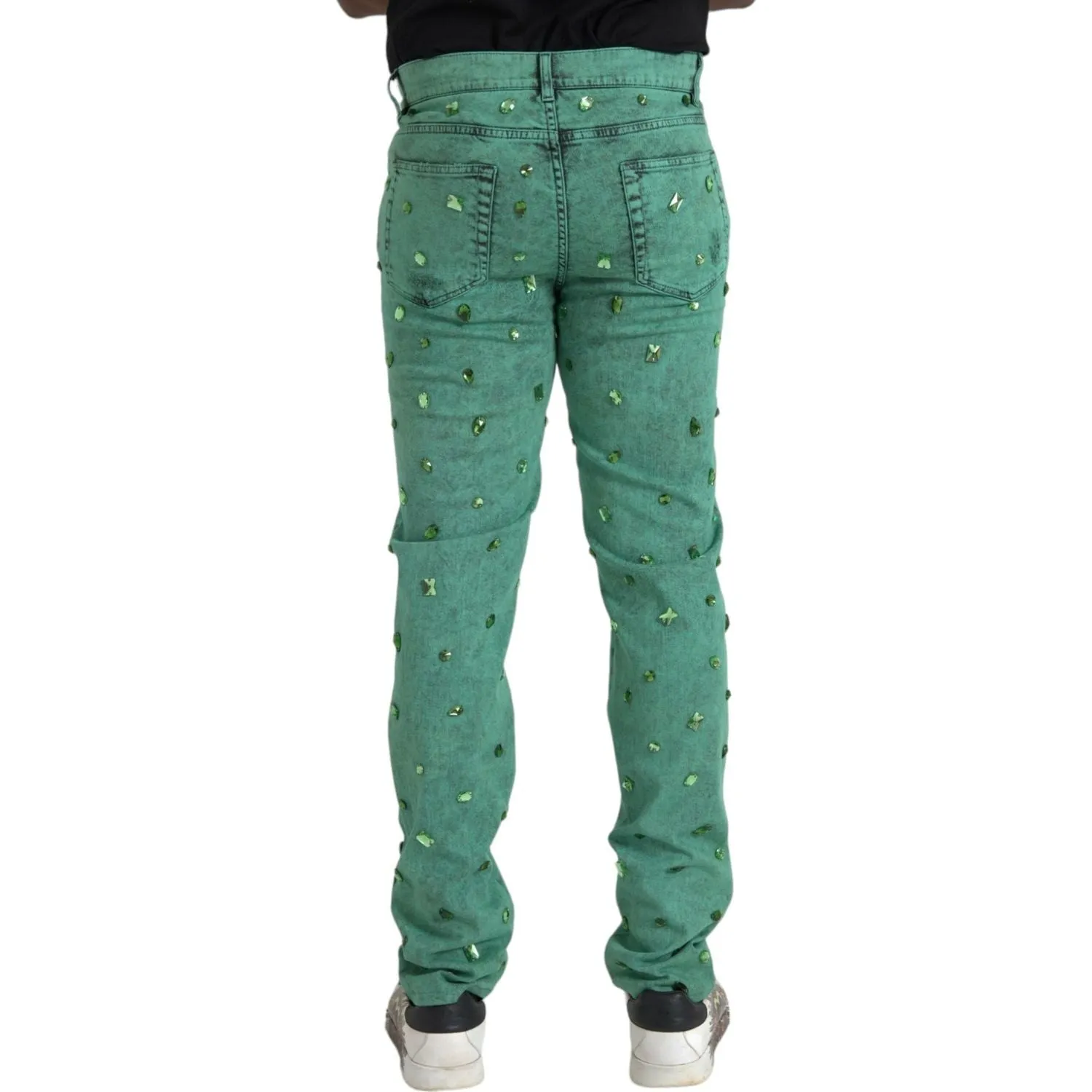 Dolce & Gabbana Green Crystals Cotton Stretch Slim Jeans