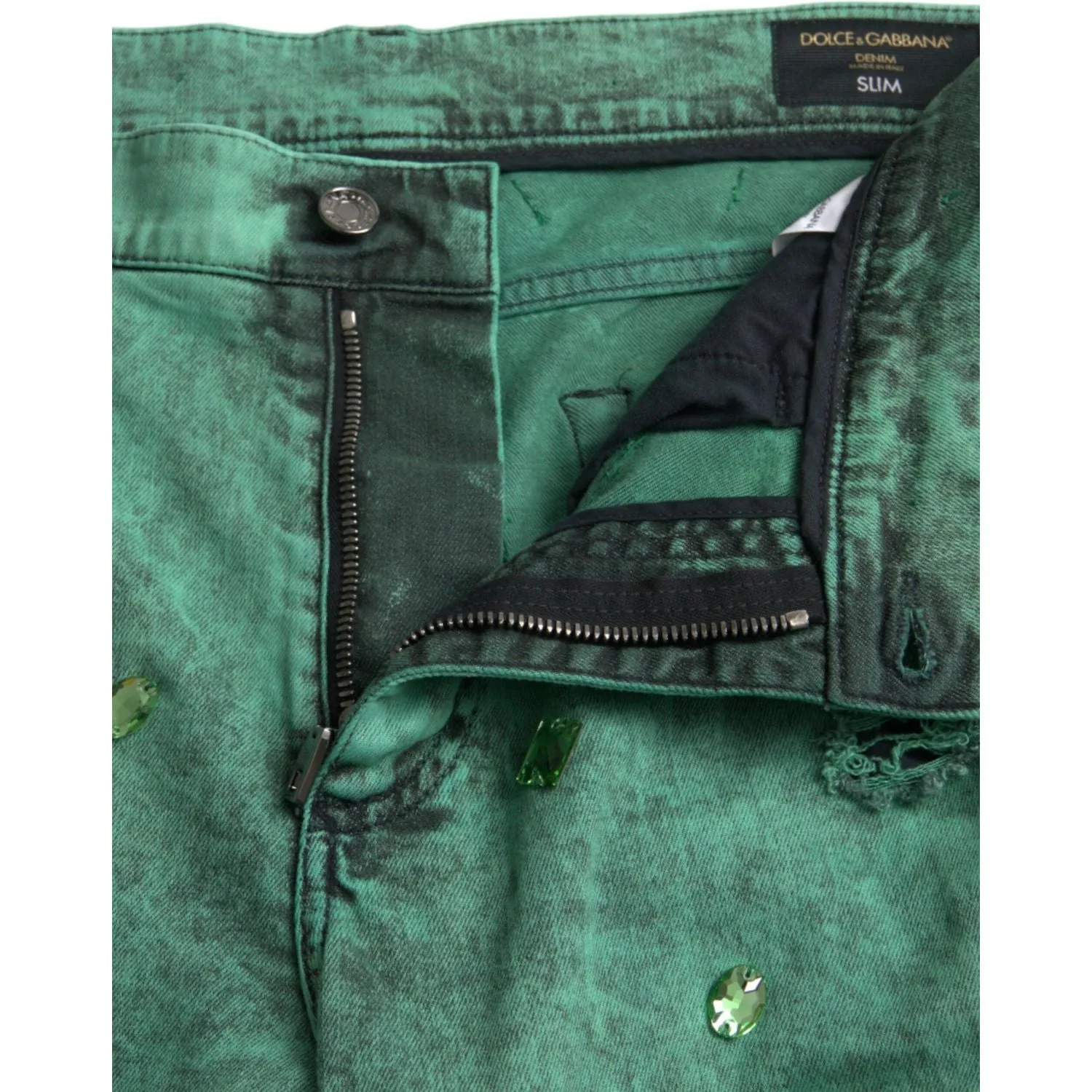 Dolce & Gabbana Green Crystals Cotton Stretch Slim Jeans