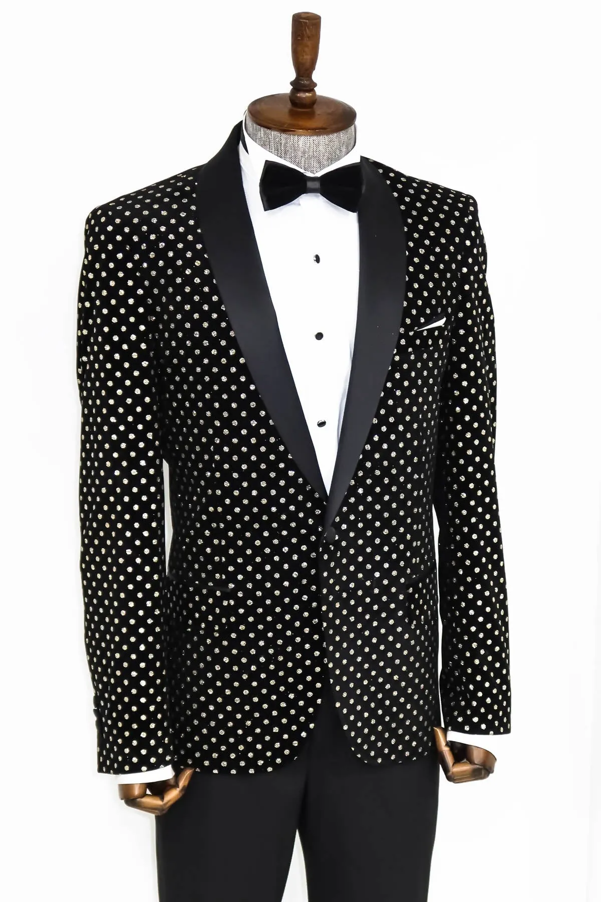 Dot Patterned Slim Fit Black Men Evening Dinner Blazer - Wessi