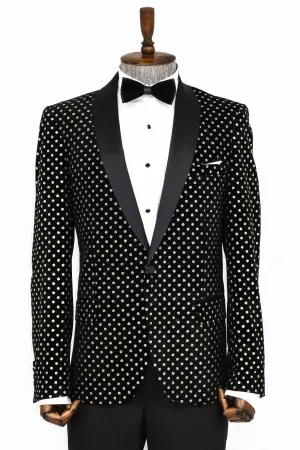 Dot Patterned Slim Fit Black Men Evening Dinner Blazer - Wessi