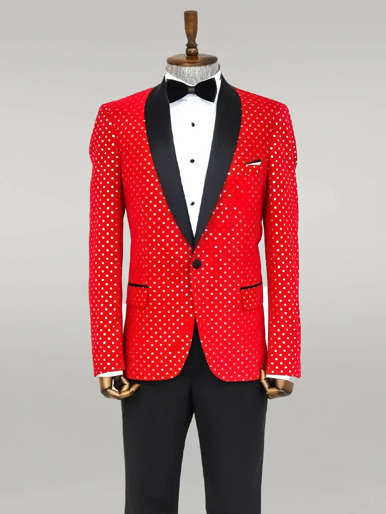 Dot Patterned Slim Fit Red Men Singer Tuxedo Blazer - Wessi