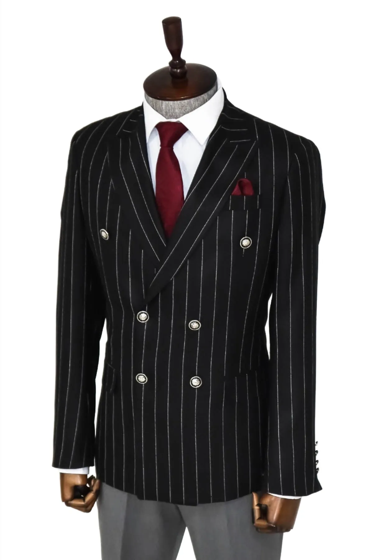 Double Breasted Slim Fit Striped Black Men Blazer - Wessi