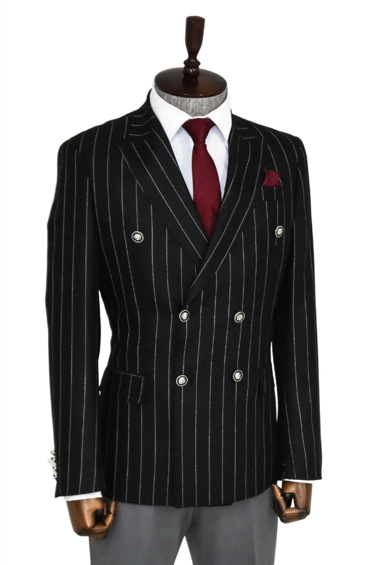 Double Breasted Slim Fit Striped Black Men Blazer - Wessi