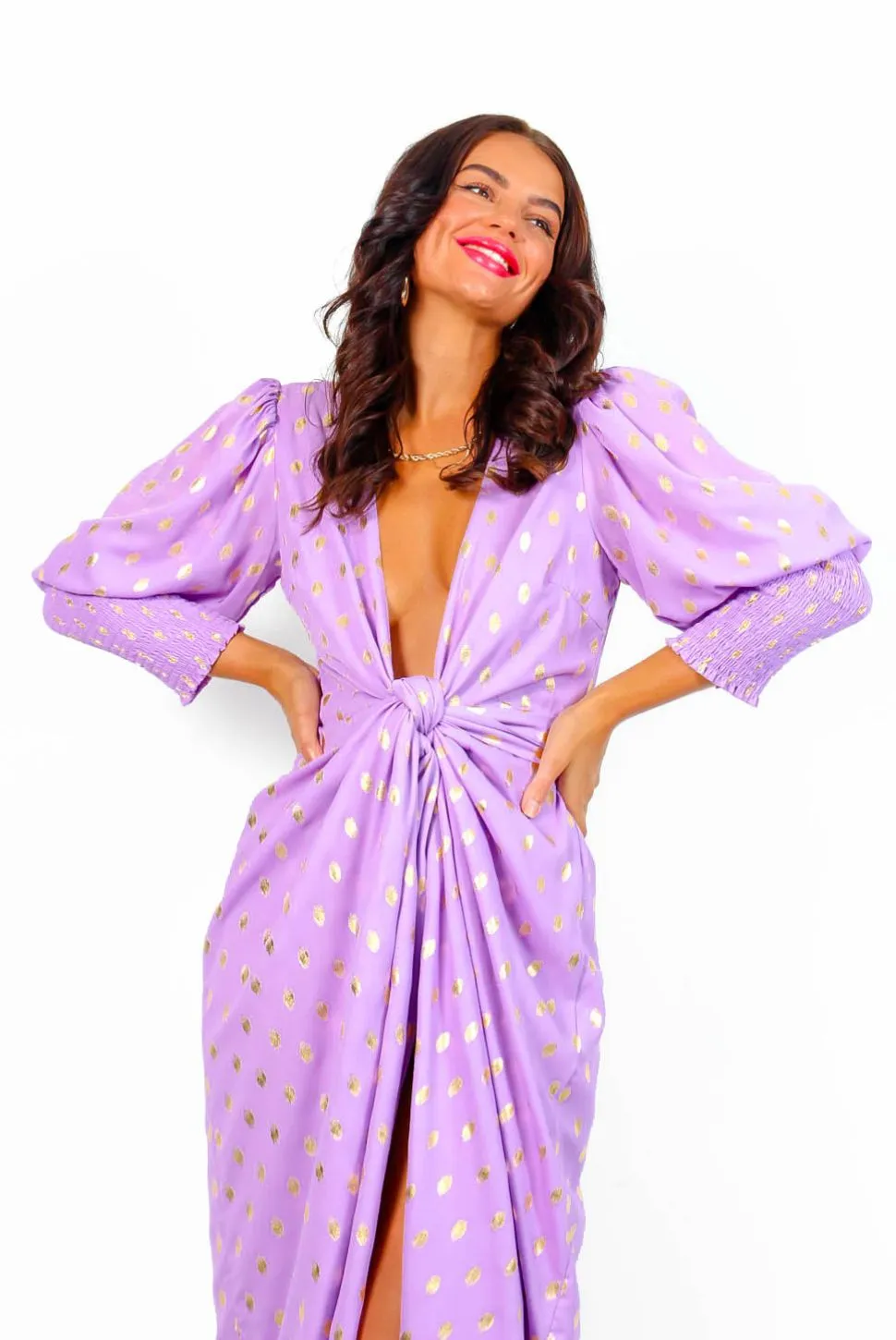 Drive Em Wild - Lilac Gold Foil Spot Midi Wrap Dress