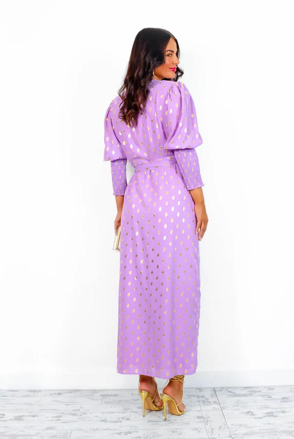 Drive Em Wild - Lilac Gold Foil Spot Midi Wrap Dress