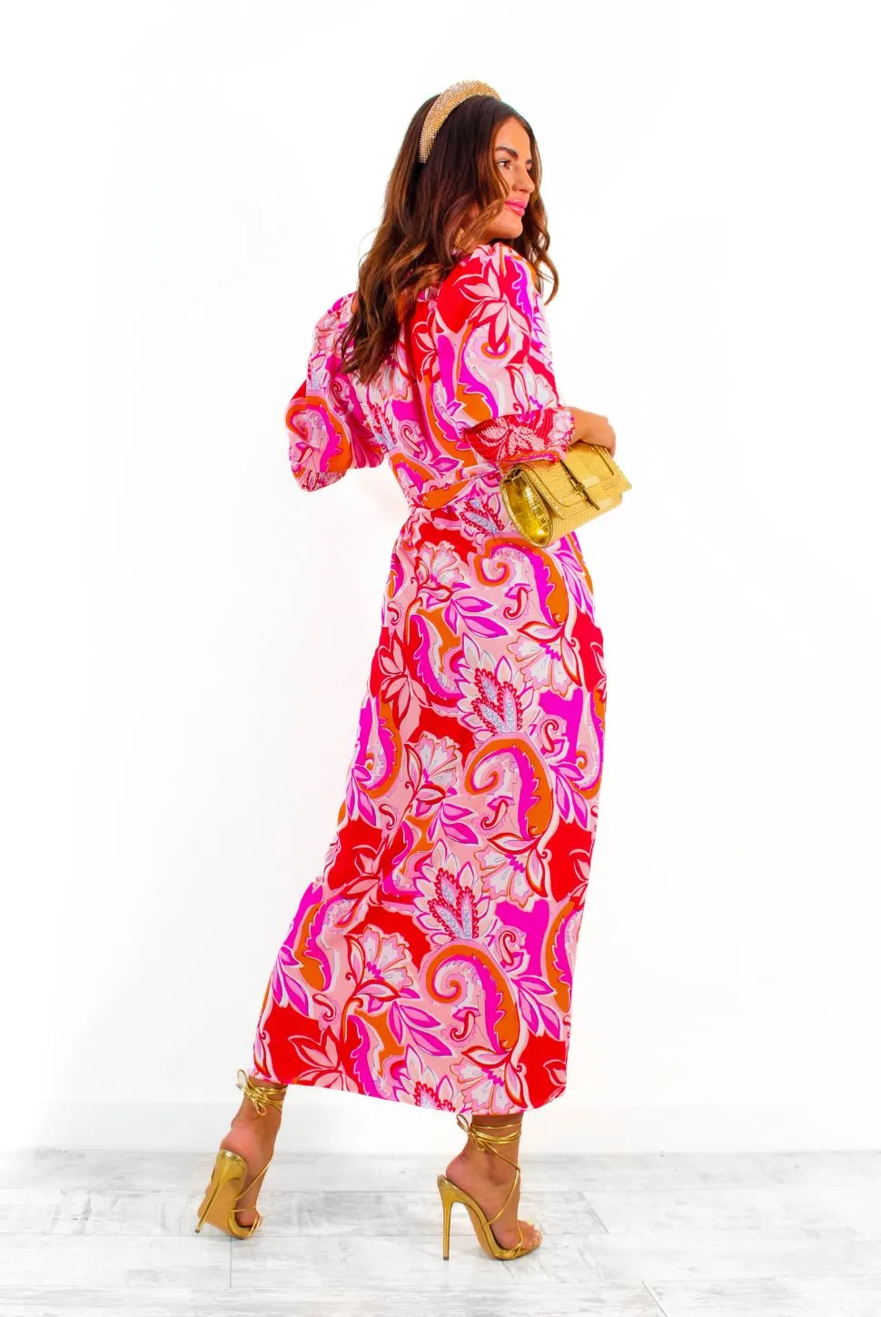 Drive Em Wild - Pink Red Paisley Print Midi Wrap Dress