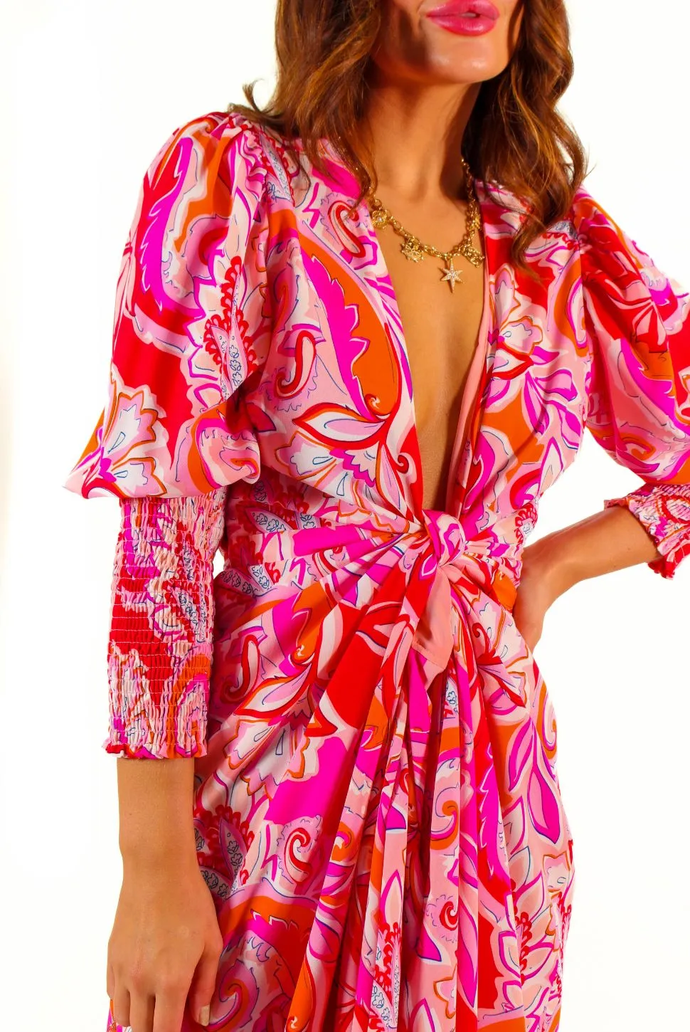 Drive Em Wild - Pink Red Paisley Print Midi Wrap Dress