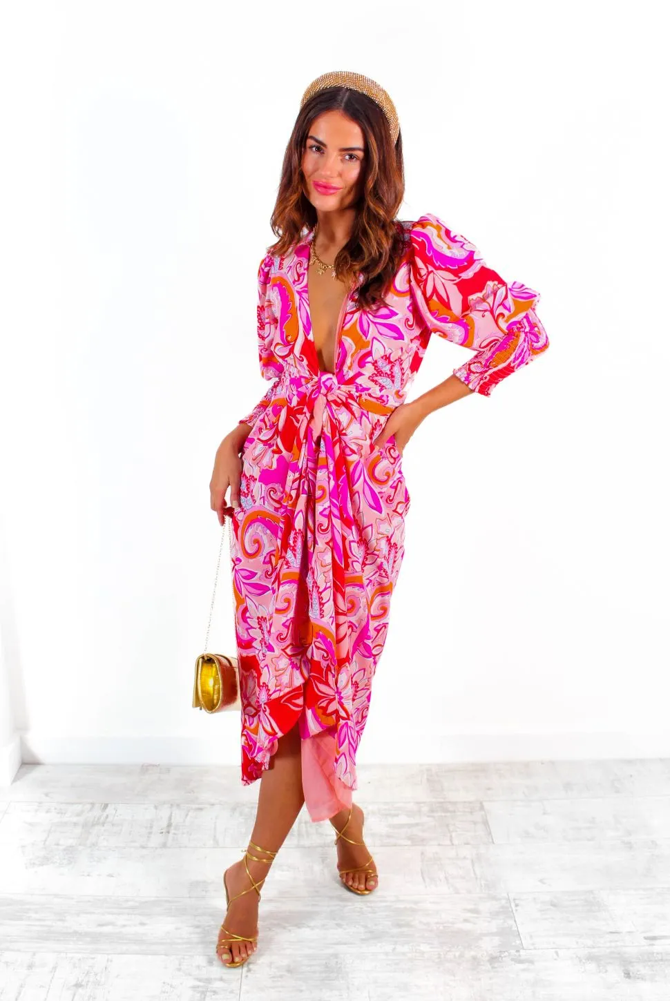 Drive Em Wild - Pink Red Paisley Print Midi Wrap Dress