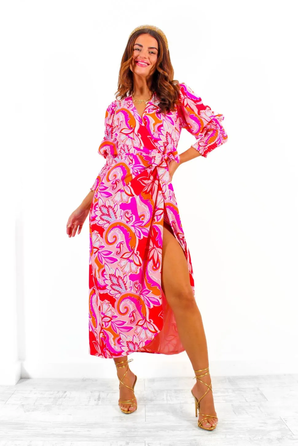 Drive Em Wild - Pink Red Paisley Print Midi Wrap Dress