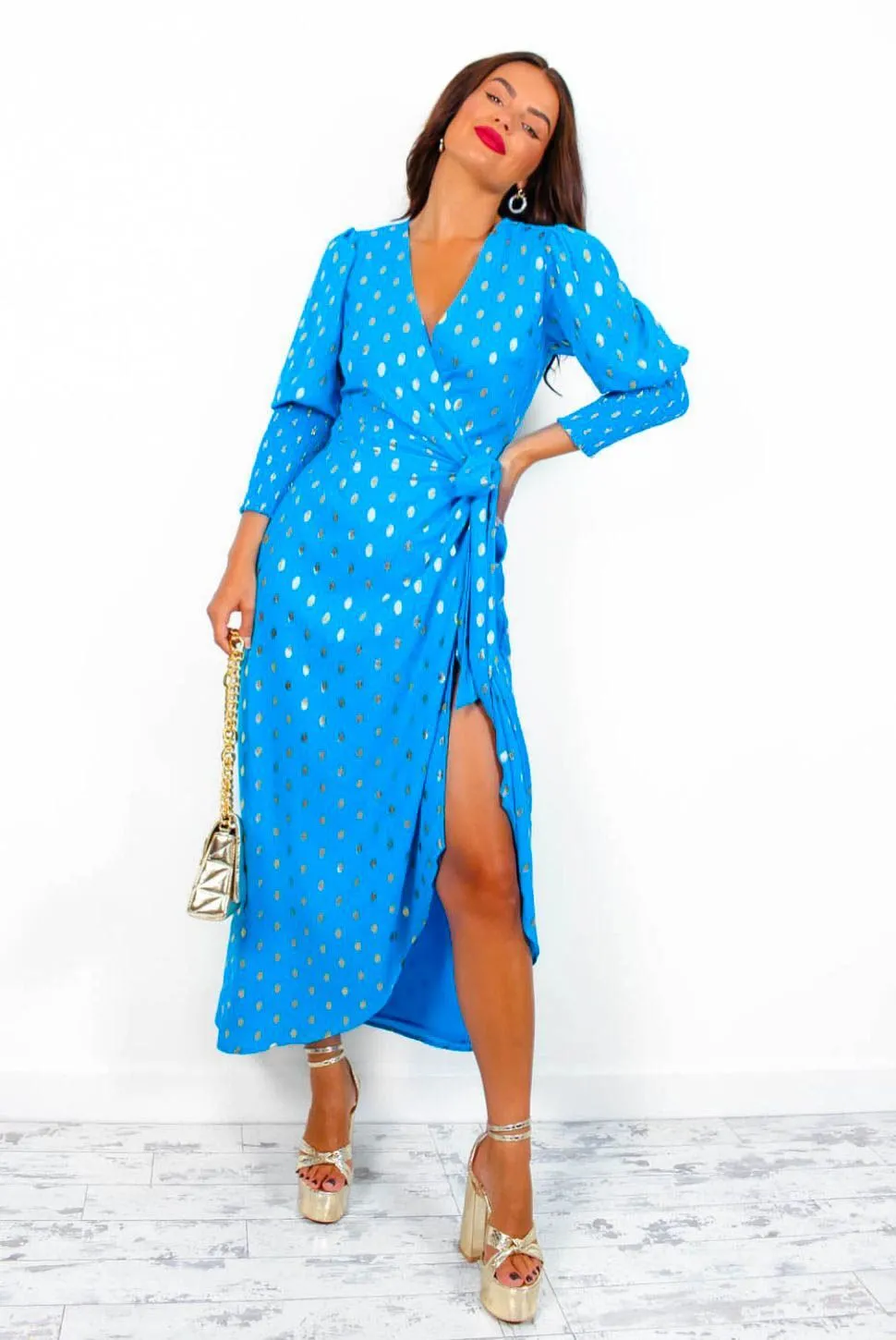 Drive Em Wild - Teal Gold Foil Spot Midi Wrap Dress