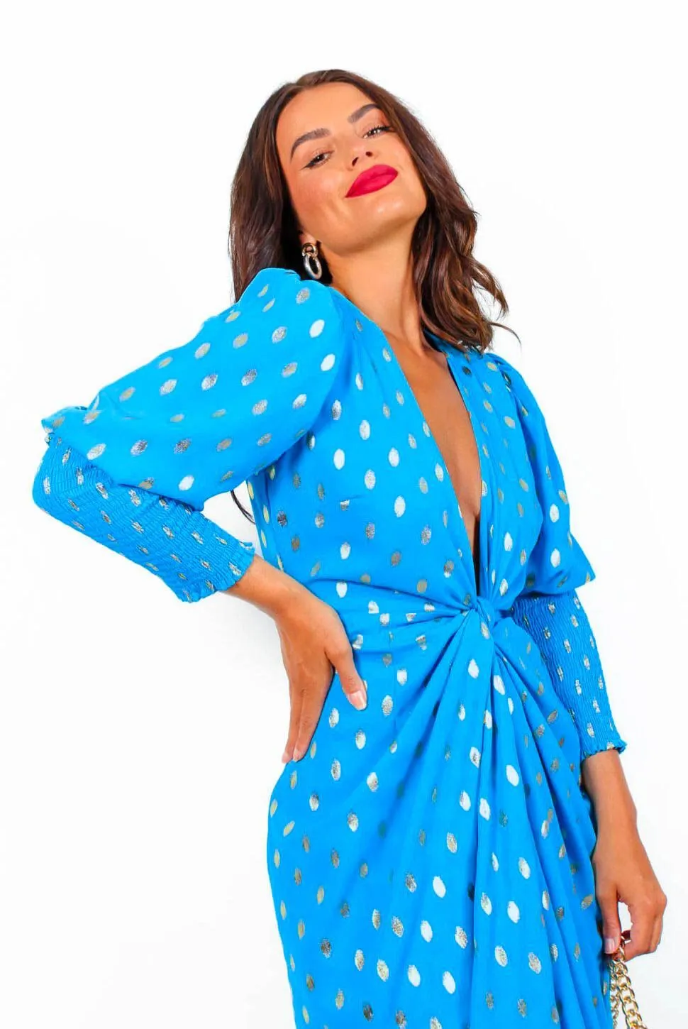 Drive Em Wild - Teal Gold Foil Spot Midi Wrap Dress