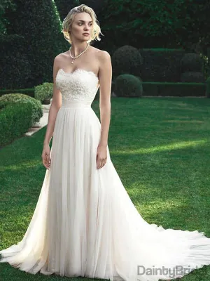 Elegant A-Line Sweetheart Tulle Open Back Long  Wedding Dresses With Train.DB10093