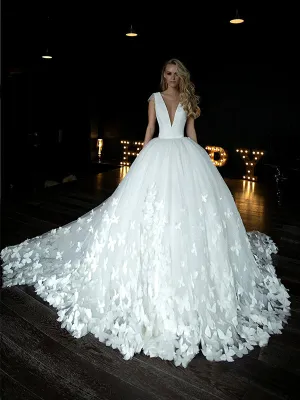 Elegant V-neck A-line Satin Tulle White Butterfly Wedding Dresses, WD0539